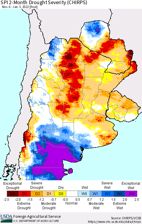 Southern South America SPI 2-Month Drought Severity (CHIRPS) Thematic Map For 11/6/2021 - 1/5/2022
