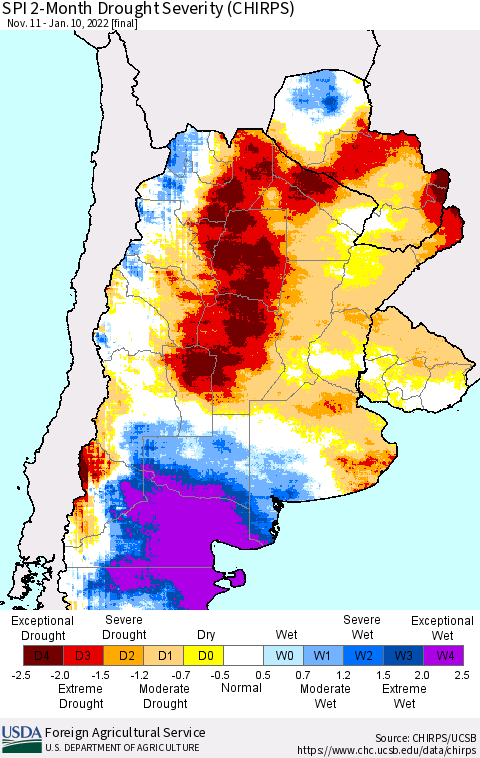 Southern South America SPI 2-Month Drought Severity (CHIRPS) Thematic Map For 11/11/2021 - 1/10/2022