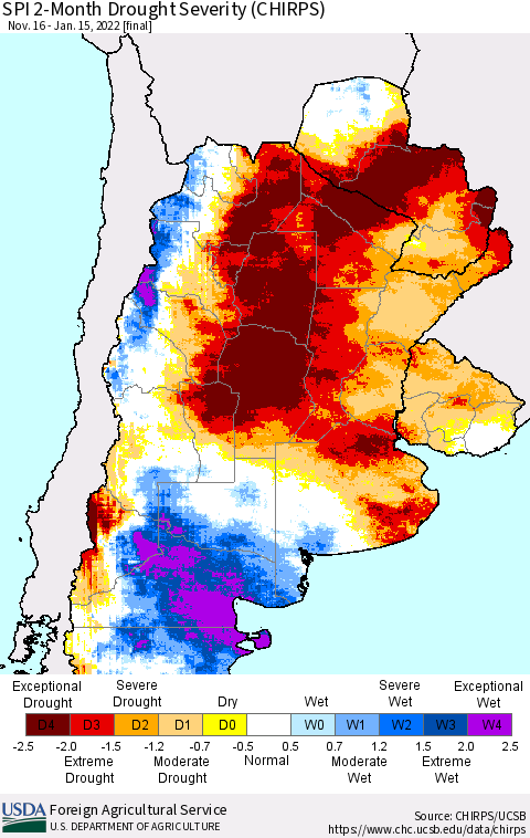Southern South America SPI 2-Month Drought Severity (CHIRPS) Thematic Map For 11/16/2021 - 1/15/2022