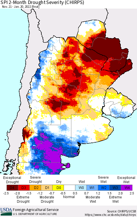 Southern South America SPI 2-Month Drought Severity (CHIRPS) Thematic Map For 11/21/2021 - 1/20/2022