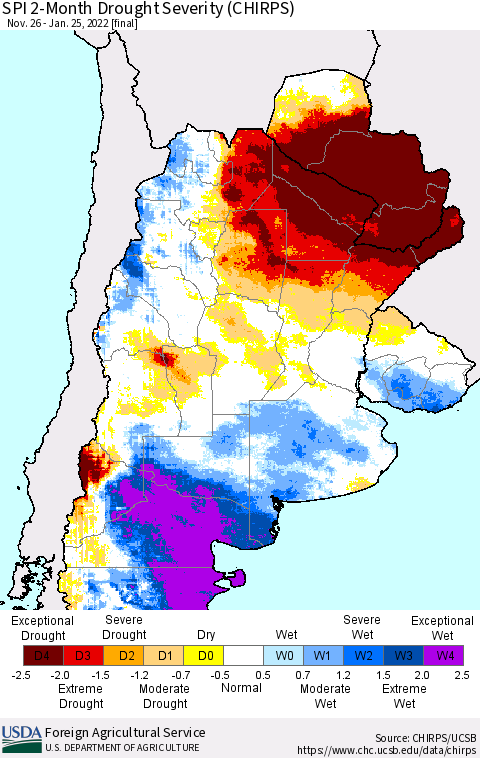 Southern South America SPI 2-Month Drought Severity (CHIRPS) Thematic Map For 11/26/2021 - 1/25/2022