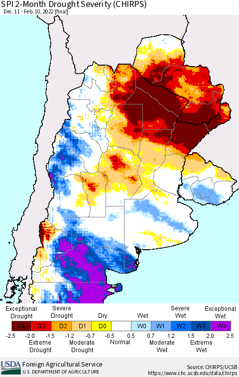 Southern South America SPI 2-Month Drought Severity (CHIRPS) Thematic Map For 12/11/2021 - 2/10/2022
