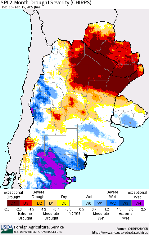 Southern South America SPI 2-Month Drought Severity (CHIRPS) Thematic Map For 12/16/2021 - 2/15/2022