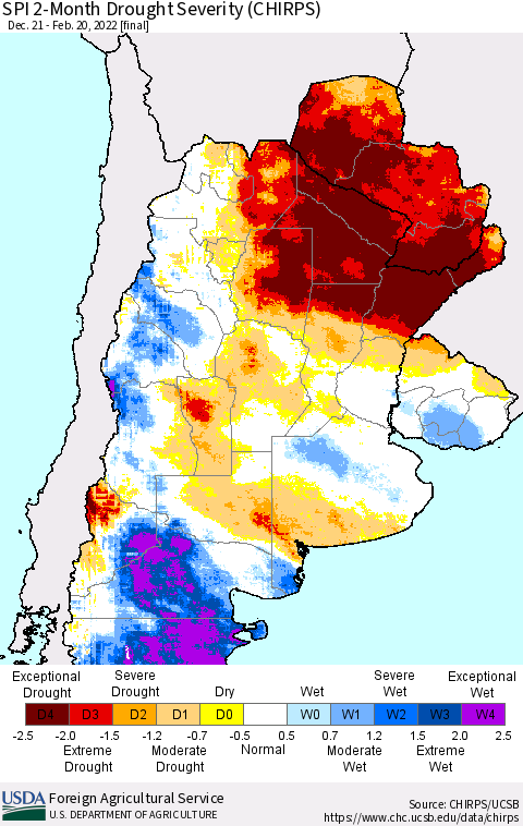 Southern South America SPI 2-Month Drought Severity (CHIRPS) Thematic Map For 12/21/2021 - 2/20/2022