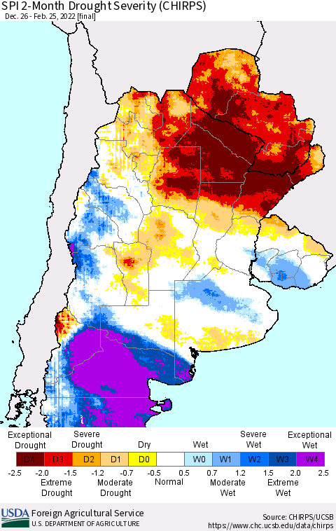 Southern South America SPI 2-Month Drought Severity (CHIRPS) Thematic Map For 12/26/2021 - 2/25/2022