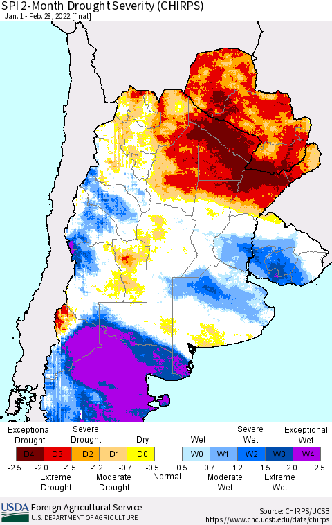 Southern South America SPI 2-Month Drought Severity (CHIRPS) Thematic Map For 1/1/2022 - 2/28/2022
