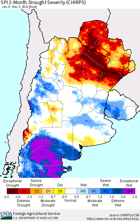 Southern South America SPI 2-Month Drought Severity (CHIRPS) Thematic Map For 1/6/2022 - 3/5/2022