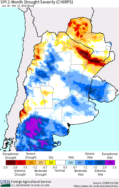 Southern South America SPI 2-Month Drought Severity (CHIRPS) Thematic Map For 1/16/2022 - 3/15/2022
