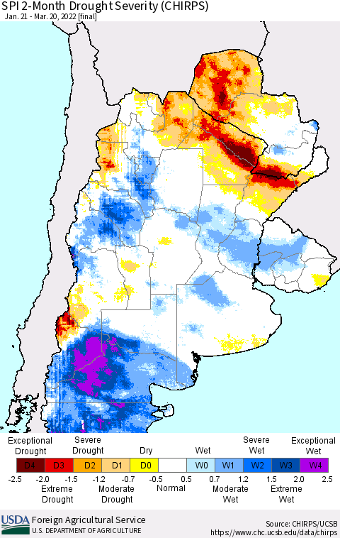 Southern South America SPI 2-Month Drought Severity (CHIRPS) Thematic Map For 1/21/2022 - 3/20/2022