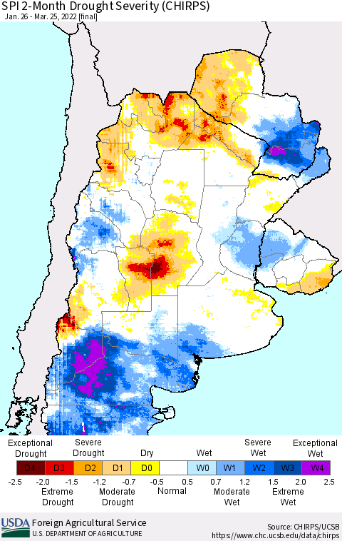 Southern South America SPI 2-Month Drought Severity (CHIRPS) Thematic Map For 1/26/2022 - 3/25/2022