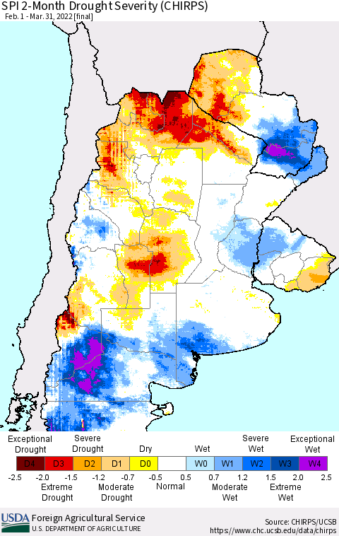 Southern South America SPI 2-Month Drought Severity (CHIRPS) Thematic Map For 2/1/2022 - 3/31/2022