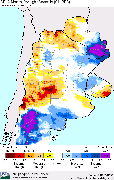 Southern South America SPI 2-Month Drought Severity (CHIRPS) Thematic Map For 2/16/2022 - 4/15/2022