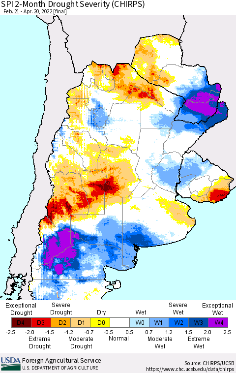 Southern South America SPI 2-Month Drought Severity (CHIRPS) Thematic Map For 2/21/2022 - 4/20/2022