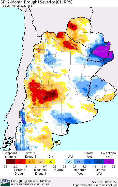 Southern South America SPI 2-Month Drought Severity (CHIRPS) Thematic Map For 2/26/2022 - 4/25/2022