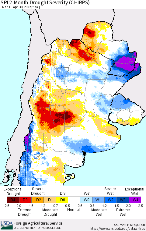 Southern South America SPI 2-Month Drought Severity (CHIRPS) Thematic Map For 3/1/2022 - 4/30/2022