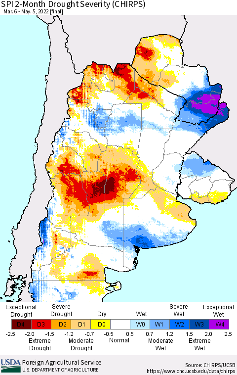 Southern South America SPI 2-Month Drought Severity (CHIRPS) Thematic Map For 3/6/2022 - 5/5/2022