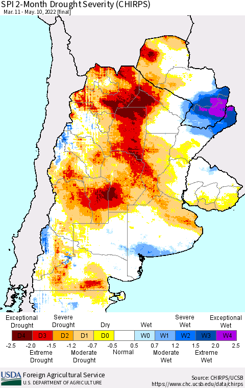 Southern South America SPI 2-Month Drought Severity (CHIRPS) Thematic Map For 3/11/2022 - 5/10/2022