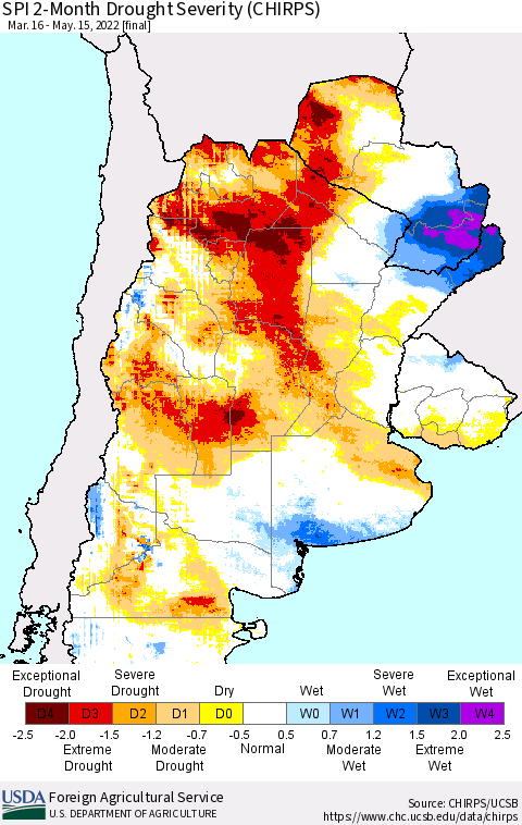 Southern South America SPI 2-Month Drought Severity (CHIRPS) Thematic Map For 3/16/2022 - 5/15/2022