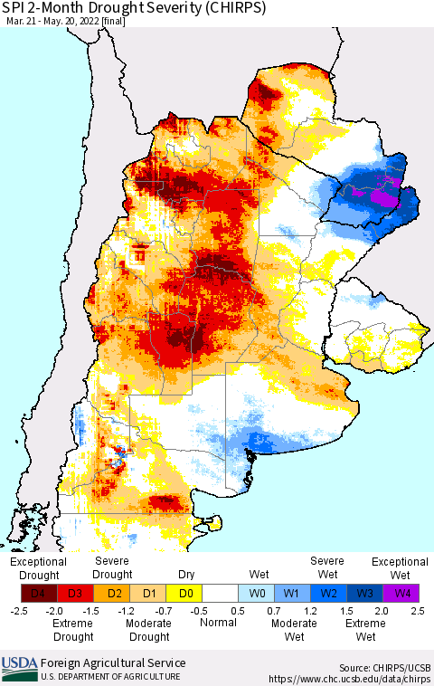Southern South America SPI 2-Month Drought Severity (CHIRPS) Thematic Map For 3/21/2022 - 5/20/2022