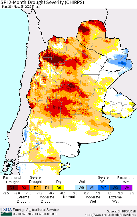 Southern South America SPI 2-Month Drought Severity (CHIRPS) Thematic Map For 3/26/2022 - 5/25/2022