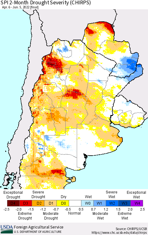 Southern South America SPI 2-Month Drought Severity (CHIRPS) Thematic Map For 4/6/2022 - 6/5/2022