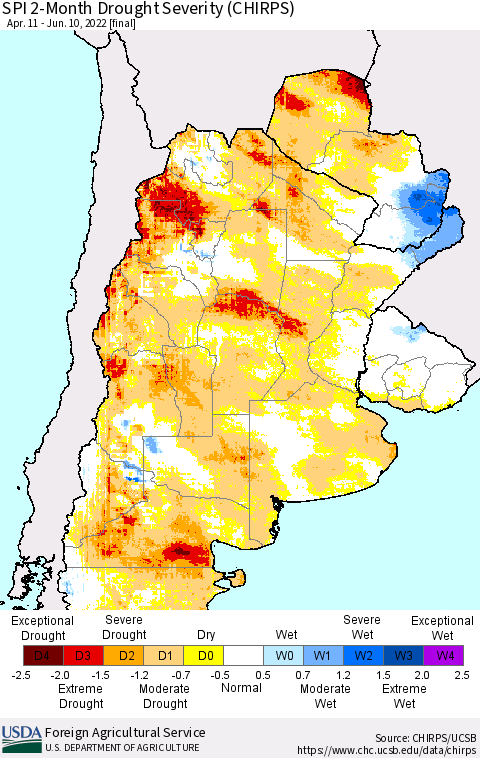 Southern South America SPI 2-Month Drought Severity (CHIRPS) Thematic Map For 4/11/2022 - 6/10/2022