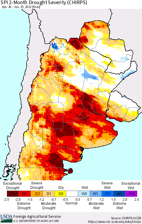 Southern South America SPI 2-Month Drought Severity (CHIRPS) Thematic Map For 4/26/2022 - 6/25/2022