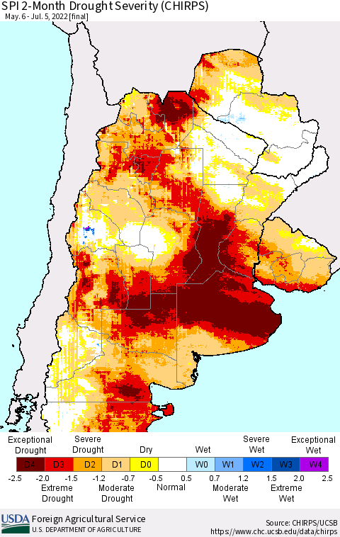 Southern South America SPI 2-Month Drought Severity (CHIRPS) Thematic Map For 5/6/2022 - 7/5/2022