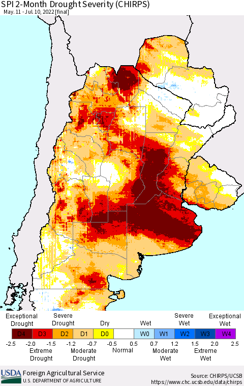 Southern South America SPI 2-Month Drought Severity (CHIRPS) Thematic Map For 5/11/2022 - 7/10/2022
