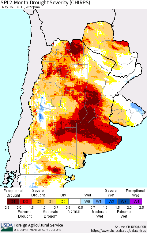 Southern South America SPI 2-Month Drought Severity (CHIRPS) Thematic Map For 5/16/2022 - 7/15/2022