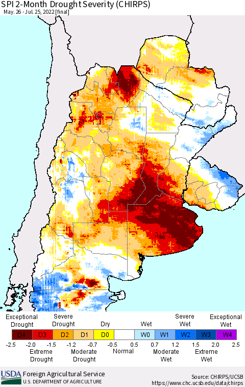 Southern South America SPI 2-Month Drought Severity (CHIRPS) Thematic Map For 5/26/2022 - 7/25/2022