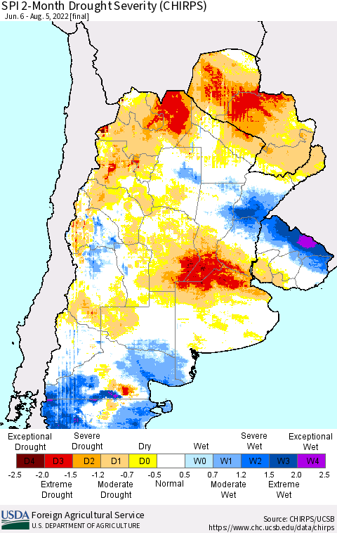 Southern South America SPI 2-Month Drought Severity (CHIRPS) Thematic Map For 6/6/2022 - 8/5/2022