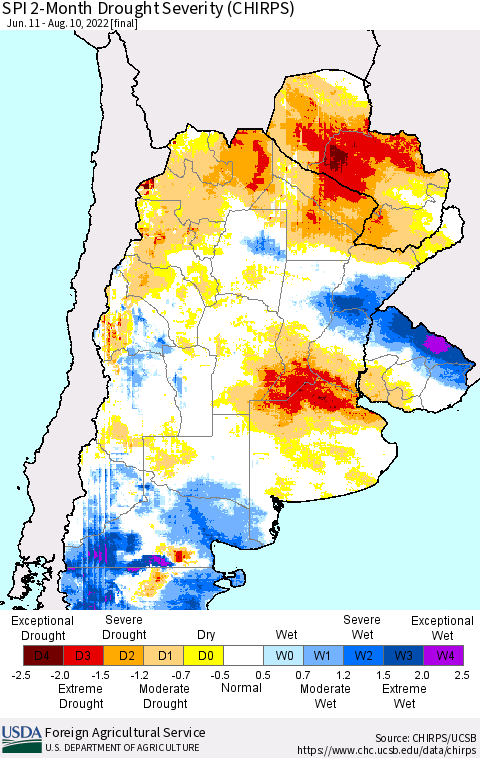Southern South America SPI 2-Month Drought Severity (CHIRPS) Thematic Map For 6/11/2022 - 8/10/2022