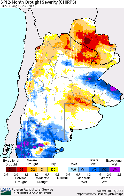 Southern South America SPI 2-Month Drought Severity (CHIRPS) Thematic Map For 6/16/2022 - 8/15/2022