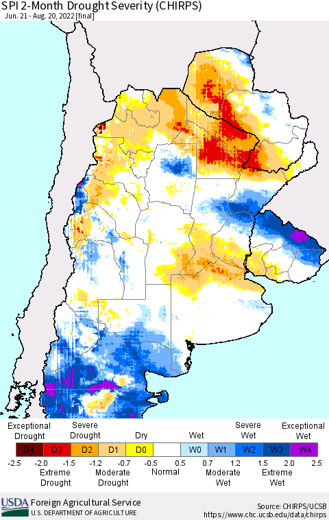 Southern South America SPI 2-Month Drought Severity (CHIRPS) Thematic Map For 6/21/2022 - 8/20/2022