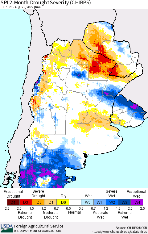 Southern South America SPI 2-Month Drought Severity (CHIRPS) Thematic Map For 6/26/2022 - 8/25/2022