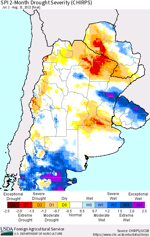 Southern South America SPI 2-Month Drought Severity (CHIRPS) Thematic Map For 7/1/2022 - 8/31/2022