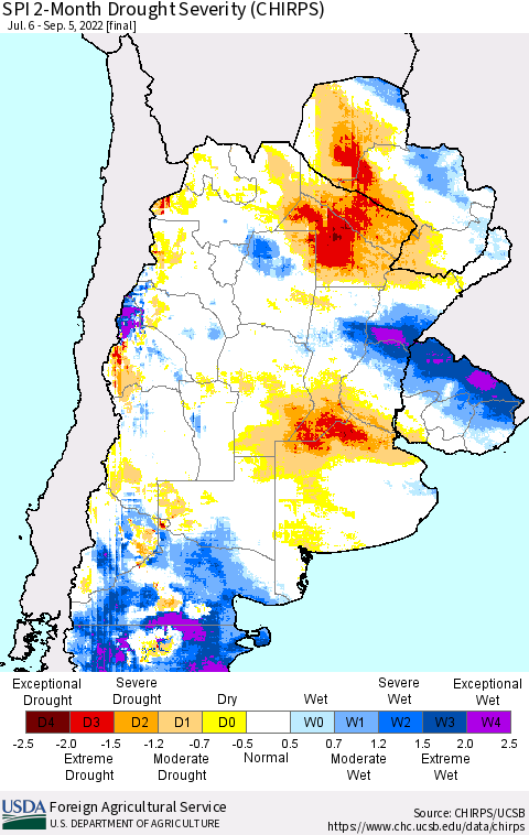 Southern South America SPI 2-Month Drought Severity (CHIRPS) Thematic Map For 7/6/2022 - 9/5/2022