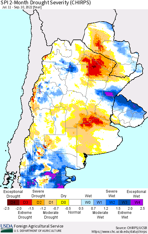 Southern South America SPI 2-Month Drought Severity (CHIRPS) Thematic Map For 7/11/2022 - 9/10/2022