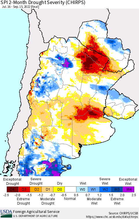 Southern South America SPI 2-Month Drought Severity (CHIRPS) Thematic Map For 7/16/2022 - 9/15/2022