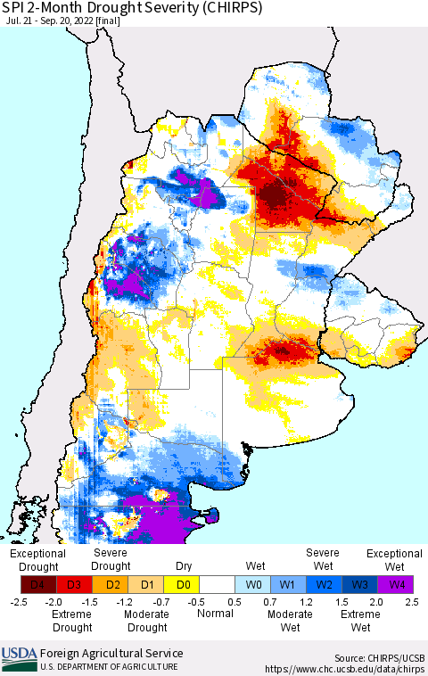 Southern South America SPI 2-Month Drought Severity (CHIRPS) Thematic Map For 7/21/2022 - 9/20/2022