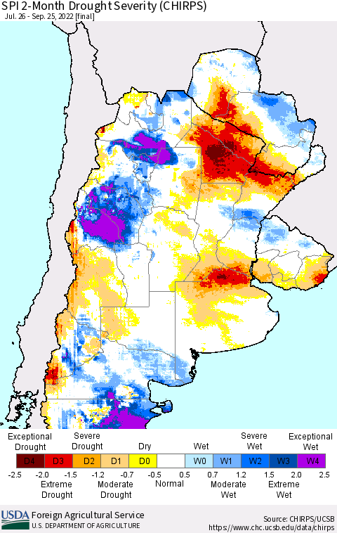 Southern South America SPI 2-Month Drought Severity (CHIRPS) Thematic Map For 7/26/2022 - 9/25/2022