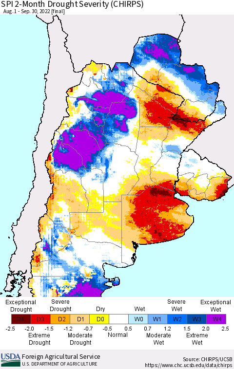 Southern South America SPI 2-Month Drought Severity (CHIRPS) Thematic Map For 8/1/2022 - 9/30/2022