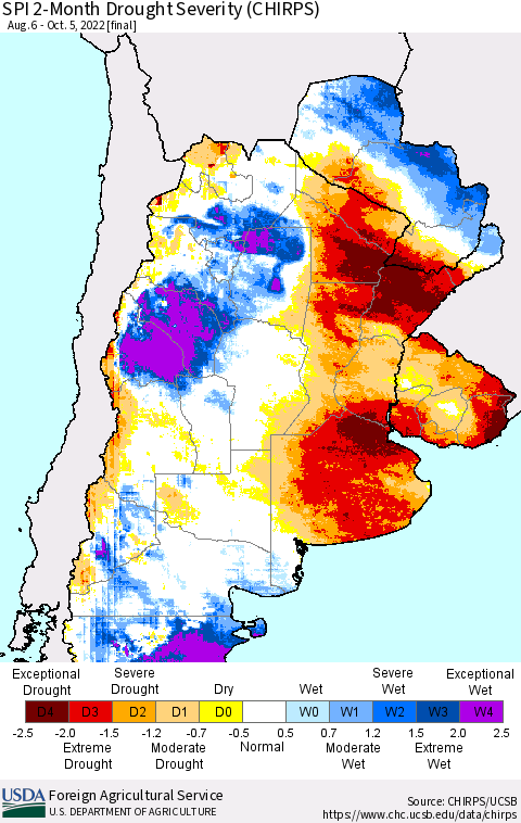 Southern South America SPI 2-Month Drought Severity (CHIRPS) Thematic Map For 8/6/2022 - 10/5/2022