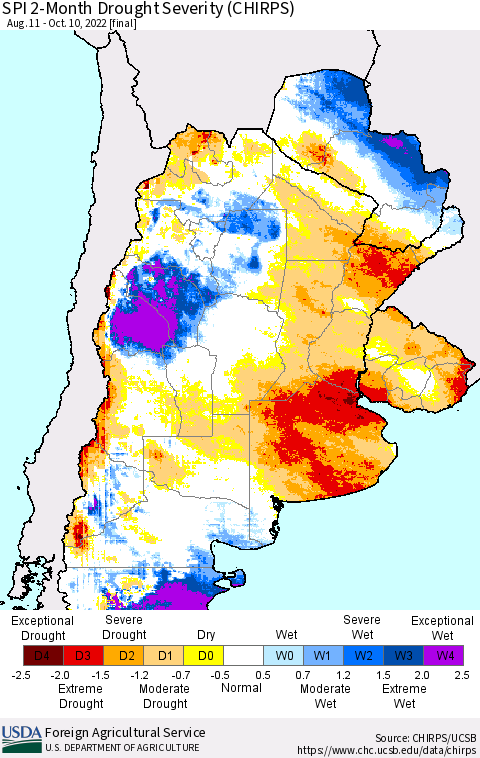 Southern South America SPI 2-Month Drought Severity (CHIRPS) Thematic Map For 8/11/2022 - 10/10/2022