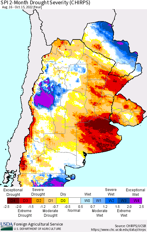 Southern South America SPI 2-Month Drought Severity (CHIRPS) Thematic Map For 8/16/2022 - 10/15/2022