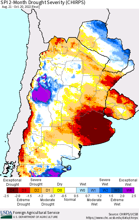Southern South America SPI 2-Month Drought Severity (CHIRPS) Thematic Map For 8/21/2022 - 10/20/2022
