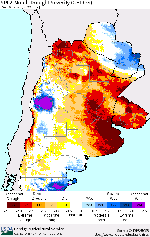 Southern South America SPI 2-Month Drought Severity (CHIRPS) Thematic Map For 9/6/2022 - 11/5/2022
