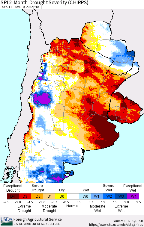 Southern South America SPI 2-Month Drought Severity (CHIRPS) Thematic Map For 9/11/2022 - 11/10/2022