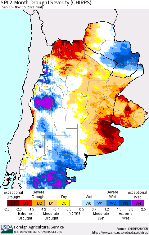 Southern South America SPI 2-Month Drought Severity (CHIRPS) Thematic Map For 9/16/2022 - 11/15/2022